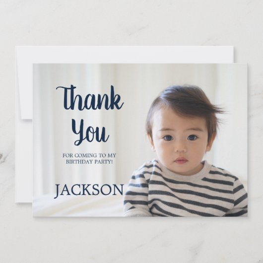 ネイビーブルーホワイト水玉模様チャイルド誕生日感謝してい 招待状 (正面)