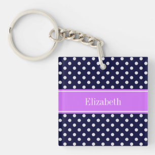 ネイビーブルーホワイト水玉模様薄紫名モノグラム キーホルダー
