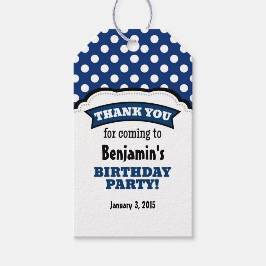ネイビーブルーホワイト水玉模様誕生日サンキューラベル ギフトタグ (正面)