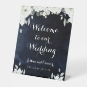 ネイビーブルーホワイト牡丹が私たちの結婚店に歓迎 台座サイン (正面)