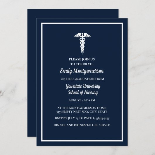 ネイビーブルーホワイト看護学校卒業会 招待状 (正面/裏面)