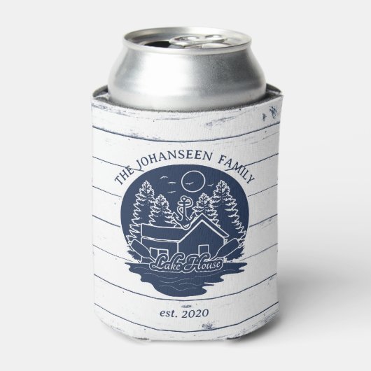 ネイビーブルーホワイト素朴ウッドオールズファミリーレイクハウス 缶クーラー (缶正面)