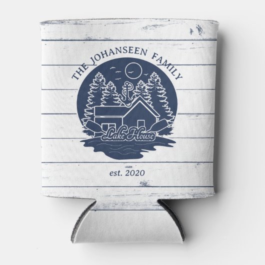 ネイビーブルーホワイト素朴ウッドオールズファミリーレイクハウス 缶クーラー (正面)