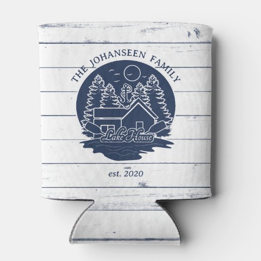ネイビーブルーホワイト素朴ウッドオールズファミリーレイクハウス 缶クーラー (裏面)