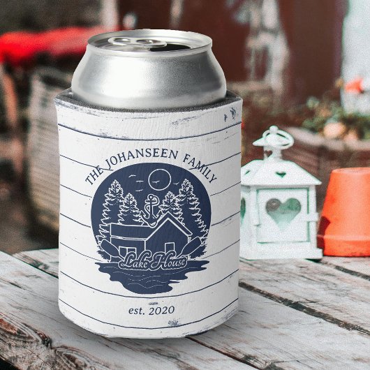 ネイビーブルーホワイト素朴ウッドオールズファミリーレイクハウス 缶クーラー