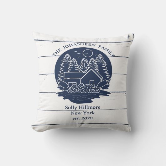 ネイビーブルーホワイト素朴ウッドレイクハウスファミリー名 クッション (正面)