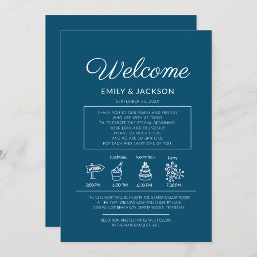 ネイビーブルーホワイト結婚の旅程へようこそ 招待状 (正面/裏面)