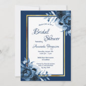 ネイビーブルーホワイト花模様金ゴールドブライダルシャワー 招待状 (正面)