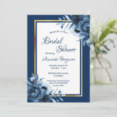 ネイビーブルーホワイト花模様金ゴールドブライダルシャワー 招待状 (スタンド正面)