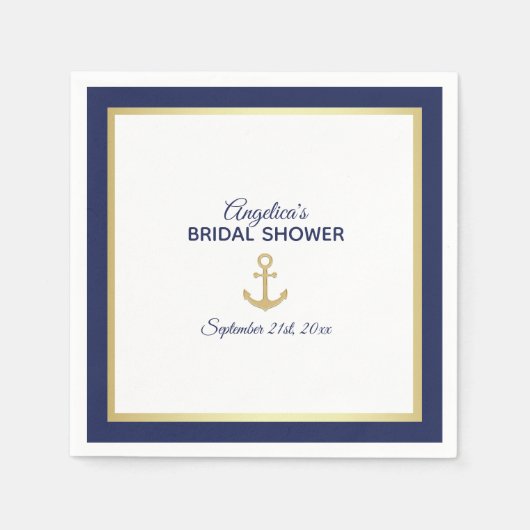ネイビーブルーホワイト金ゴールドいかり航海のブライダルシャワー スタンダードカクテルナプキン (正面)