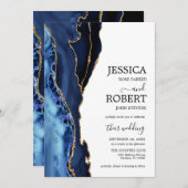 ネイビーブルーホワイト金ゴールドアゲ結婚ート 招待状 (正面/裏面)