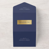 ネイビーブルーホワイト金ゴールドカラーブロックモノグラム結婚ズ オールインワン招待状 (外側)