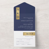 ネイビーブルーホワイト金ゴールドカラーブロックモノグラム結婚ズ オールインワン招待状 (内側)