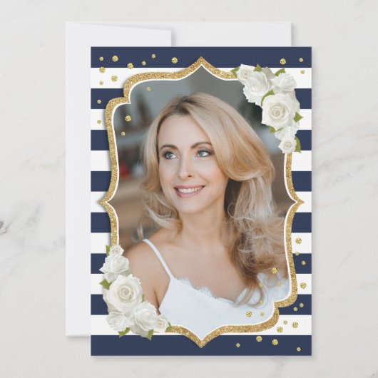 ネイビーブルーホワイト金ゴールド写真50誕生日 招待状 (裏面)