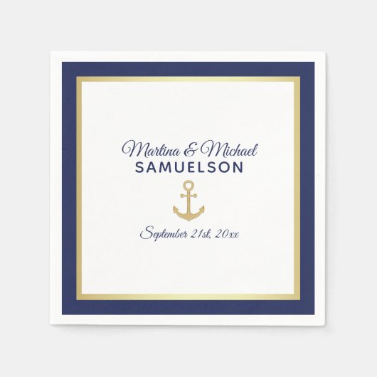 ネイビーブルーホワイト金ゴールド航海のいかり結婚ズ スタンダードカクテルナプキン (正面)
