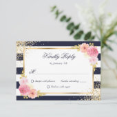 ネイビーブルーホワイト金ゴールド赤面ピンクフローラ結婚ズ 出欠カード (スタンド正面)