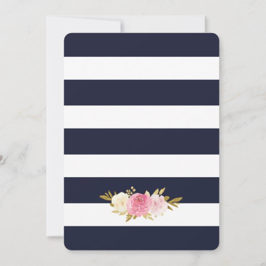 ネイビーブルーホワイト金ゴールド赤面ピンクフローラ結婚ズ 招待状 (裏面)