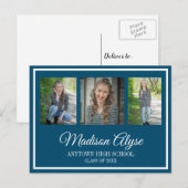 ネイビーブルーホワイト3写真卒業のお知らせ 案内ポストカード (正面/裏面)