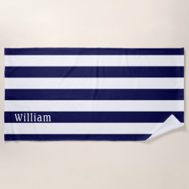 ネイビーブルーホワイト |カバナストライプパーソナライズされた ビーチタオル
