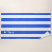 ネイビーブルーホワイト |カバナストライプパーソナライズされた ビーチタオル (正面)