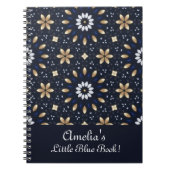 ネイビーブルーホワイト&金ゴールドマンダラドットアートをパーソナライズ ノートブック (正面)