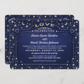 ネイビーブルーホワイト&金ゴールドムーン&スターズ結婚ラブズ 招待状 (正面/裏面)