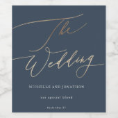 ネイビーブルーホワイト&金ゴールド書道結婚The's ワインラベル (シングルラベル)