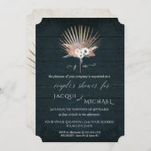 ネイビーブルーホワイトBOHO熱帯フローラカップルのシャワー 招待状 (正面/裏面)