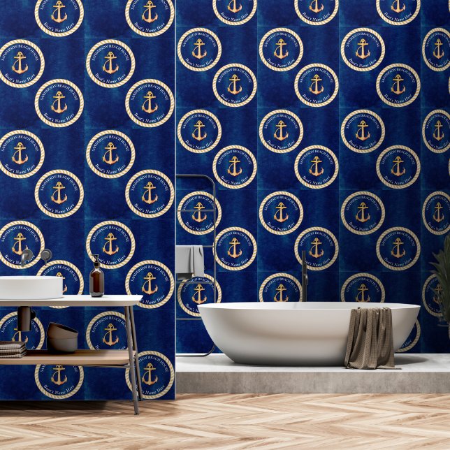 ネイビーブルーホワイトw/イエローボートいかりモノグラム 壁紙 (浴室)