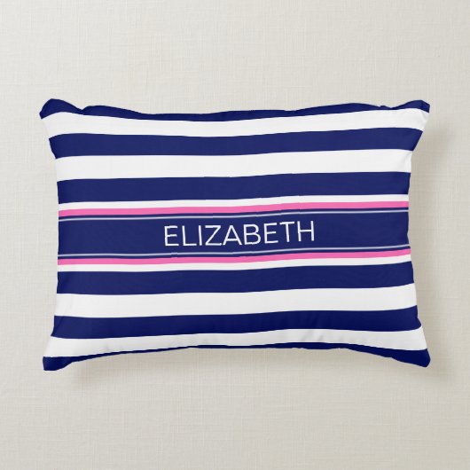 ネイビーブルーホートホリストライプズホットピンク名モノグラム アクセントクッション (正面)