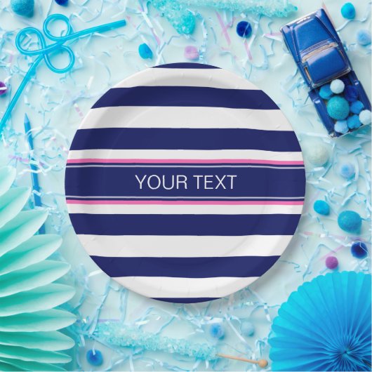 ネイビーブルーホートホリストライプズホットピンク名モノグラム ペーパープレート (パーティー)