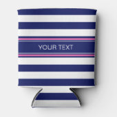 ネイビーブルーホートホリストライプズホットピンク名モノグラム 缶クーラー (正面)