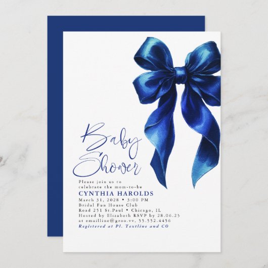 ネイビーブルーボウかわいいモダン男の赤ちゃんベビーシャワー 招待状 (正面/裏面)