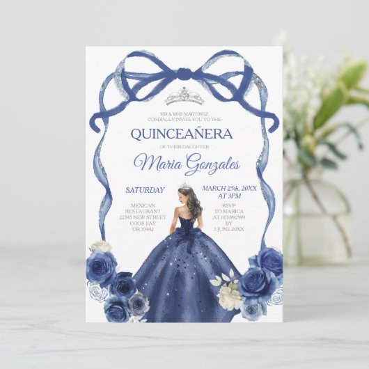 ネイビーブルーボウプリンセスシルバークラウンキンセニェラ 招待状 (スタンド正面)