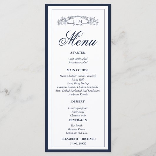 ネイビーブルーボタニカルクレストモノグラム結婚ズ メニュー (正面)