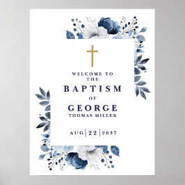 ネイビーブルーボタニカルバプテモダンィスムウェルカムサイン ポスター
