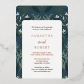 ネイビーブルーボタニカルホワイトウィンターウェディング 箔招待状 (正面)