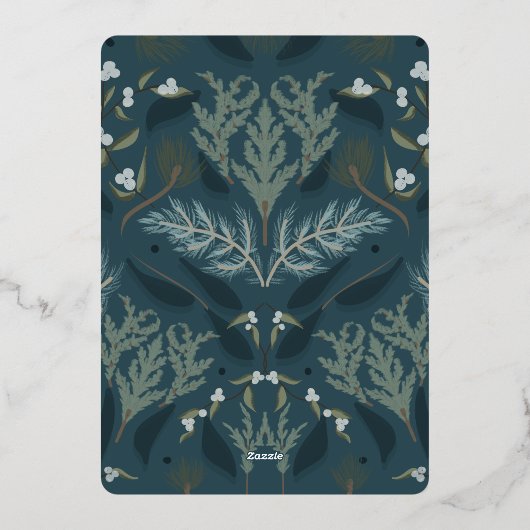 ネイビーブルーボタニカルホワイトウィンターウェディング 箔招待状 (裏面)