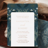 ネイビーブルーボタニカルホワイトウィンターウェディング 箔招待状
