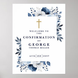 ネイビーブルーボタニカル確認ウェルカムサイン ポスター