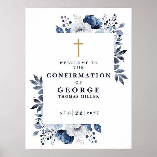 ネイビーブルーボタニカル確認ウェルカムサイン ポスター (正面)