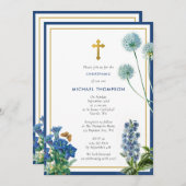 ネイビーブルーボタニカル&金ゴールドバプテスマ《キリスト教》洗礼式や命名式ボーイ 招待状 (正面/裏面)