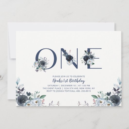 ネイビーブルーボホシックフローラボーイ1st誕生日パーティー 招待状 (正面)