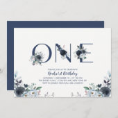 ネイビーブルーボホシックフローラボーイ1st誕生日パーティー 招待状 (正面/裏面)