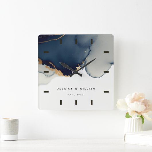 ネイビーブルーボホビーチ結婚式アニバーサリーキープサケ スクエア壁時計 (ホーム)