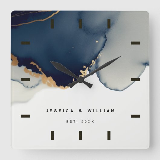 ネイビーブルーボホビーチ結婚式アニバーサリーキープサケ スクエア壁時計 (正面)