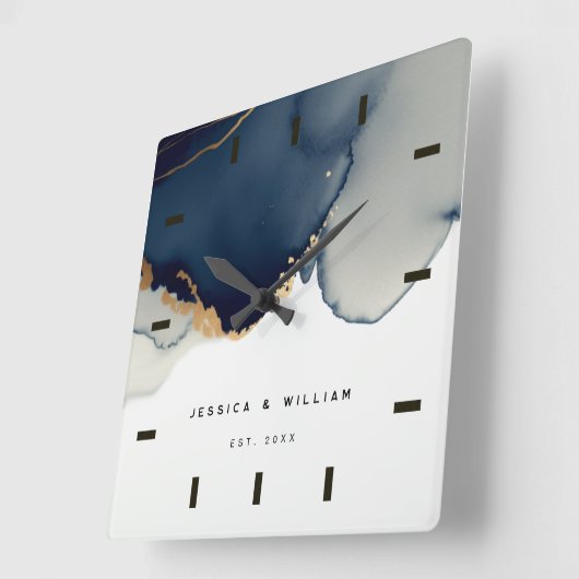 ネイビーブルーボホビーチ結婚式アニバーサリーキープサケ スクエア壁時計 (傾斜)