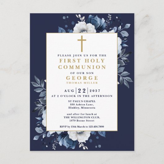 ネイビーブルーボホフローラファースト聖餐式招待状 ポストカード (正面)