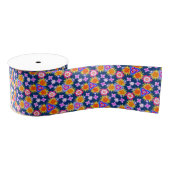 ネイビーブルーボホフローラプリントパターンかわいらしクラフト グログランリボン (リール)