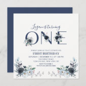ネイビーブルーボホフローラボーイ1stバースデースクエア 招待状 (正面/裏面)